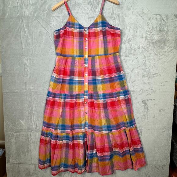 Evereve Dress L Sofia Boho Multicolor Plaid Tiered Button Midi Spaghetti Straps - Picture 2 of 10